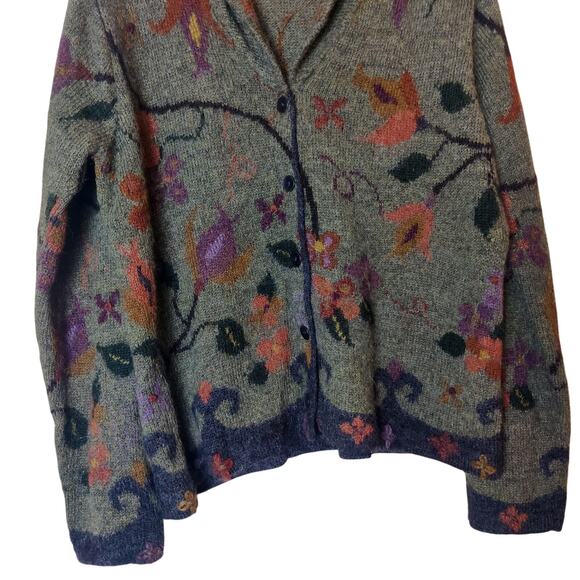 Peruvian Connection 100% Alpaca Green Floral Knit Cozy Cardigan Sweater Large - Picture 4 of 10